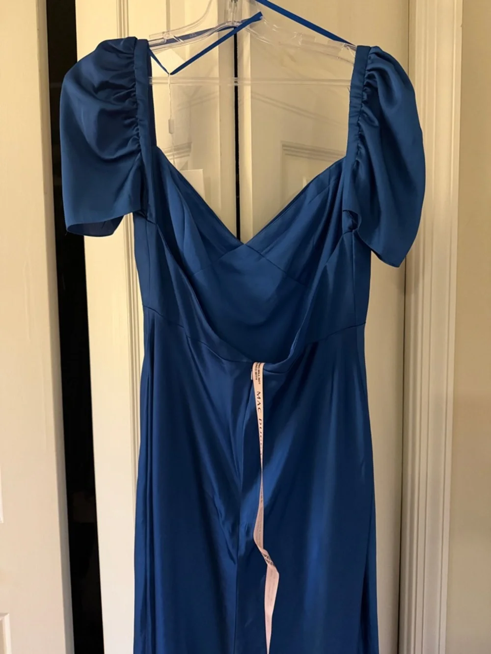 Mac Duggal Royal Blue Satin Maxi Dress with Puff Sleeves - Picture 4 of 4